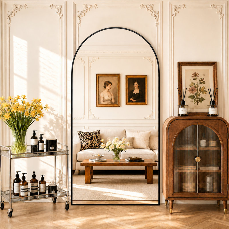 Malesha Large Modern Full Length Arched Aluminum Alloy Framed Floor Mirror, Black, 71" H x 32" W