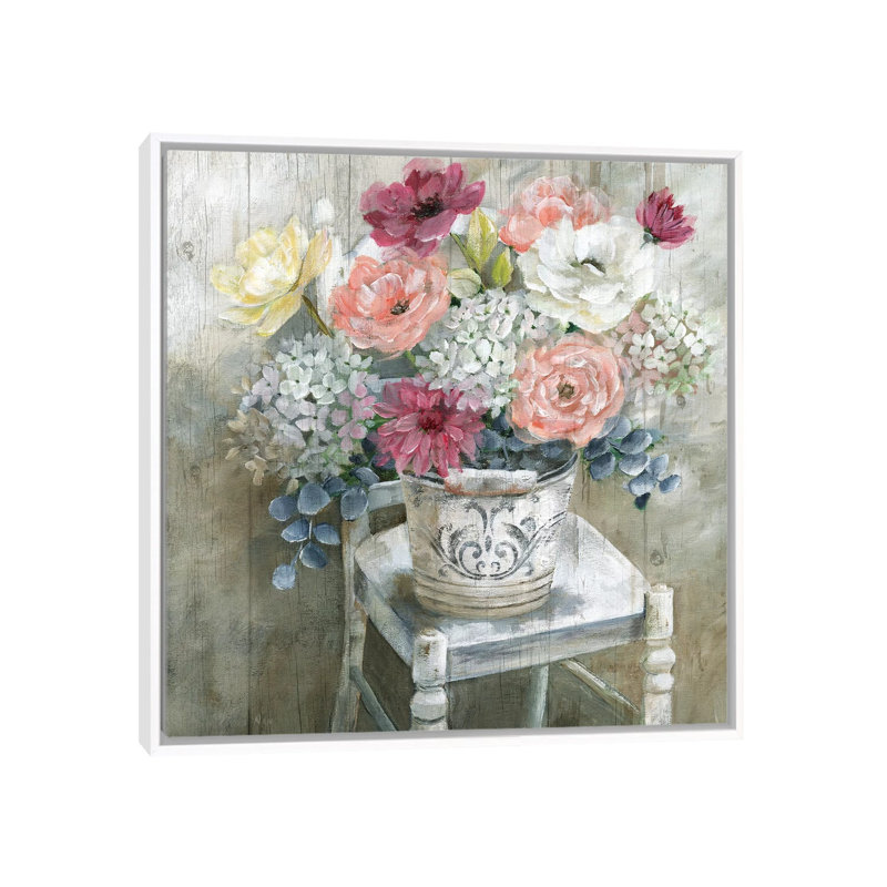 «Quaint Cottage Bouquet» par Nan - reproduction, Cadre blanc, H 26 po x l 26 po x P 1,5 po