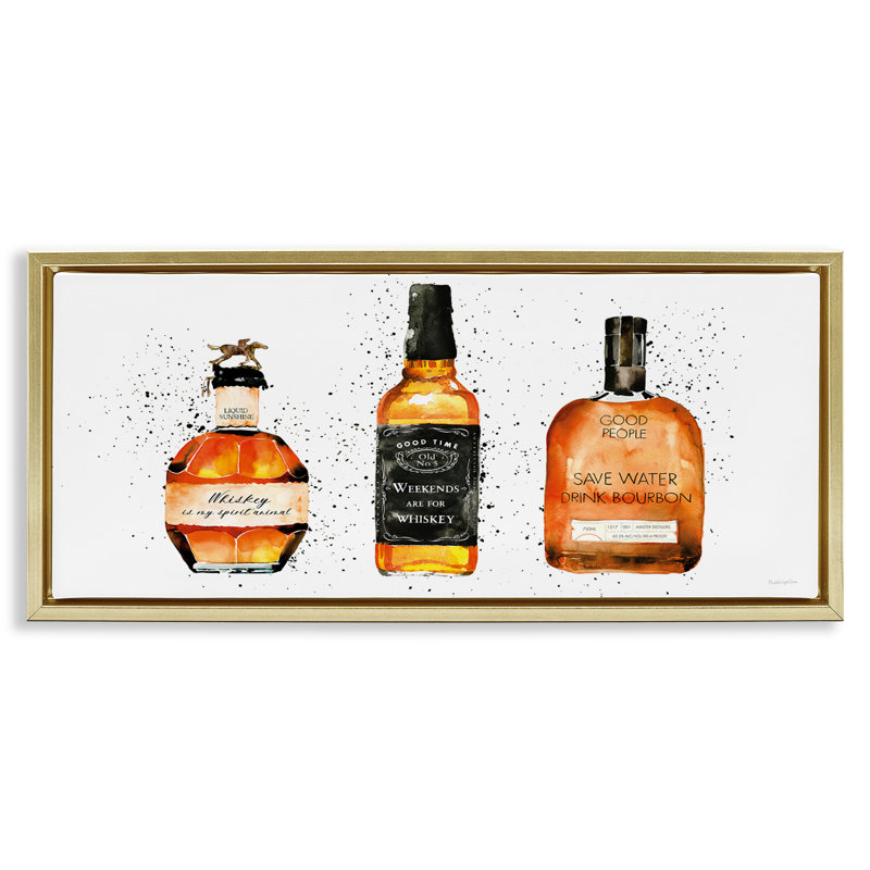 Bouteilles de whisky amusantes, Cadre flottant métallique doré, H 14 po x l 31 po
