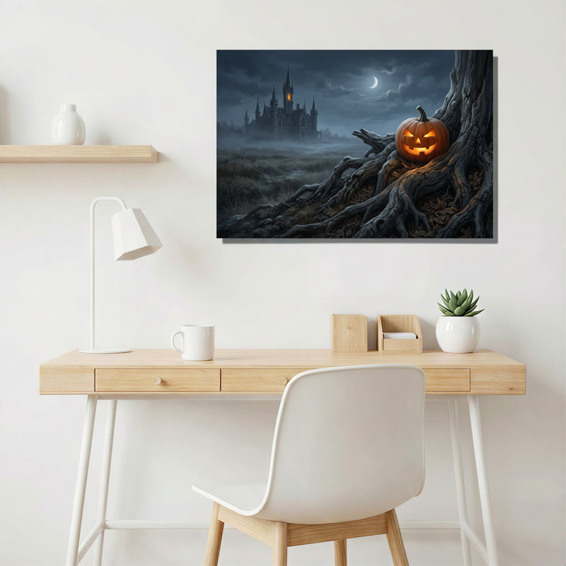 Tableau sur toile représentant une citrouille d'Halloween lumineuse sur des racines noueuses près d'un château gothique
