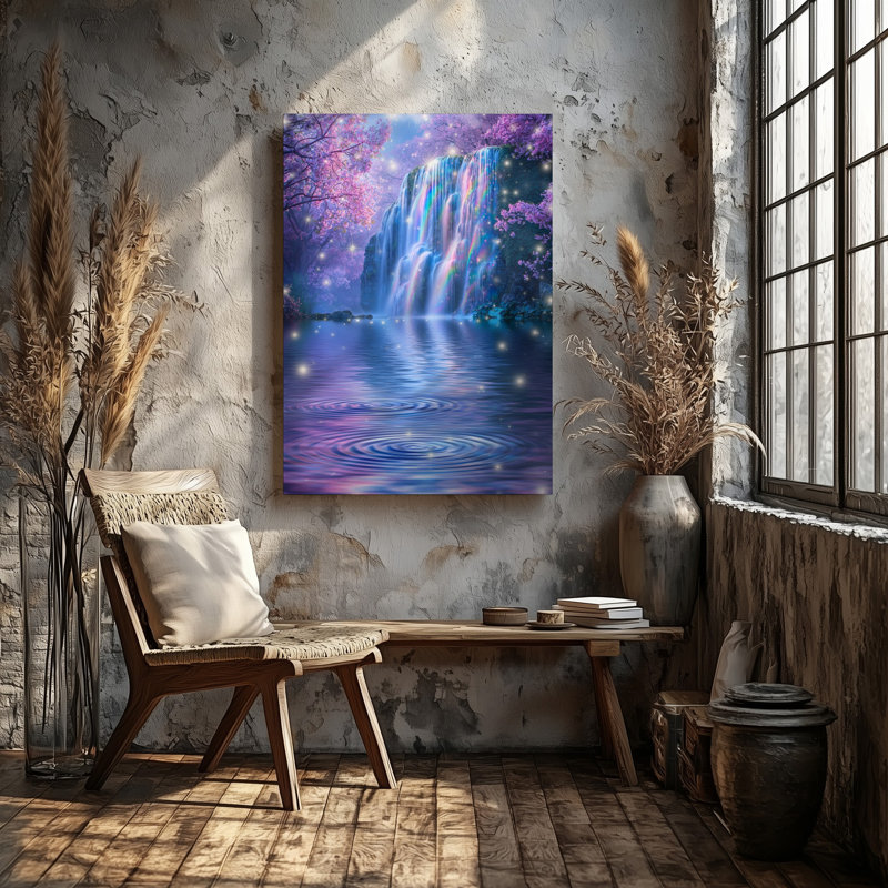 Toile «A Vibrant Ethereal Waterfall Cascades Down Smooth Iridescent Rocks», art mural par Lush Pink, H 30 po x l 40 po