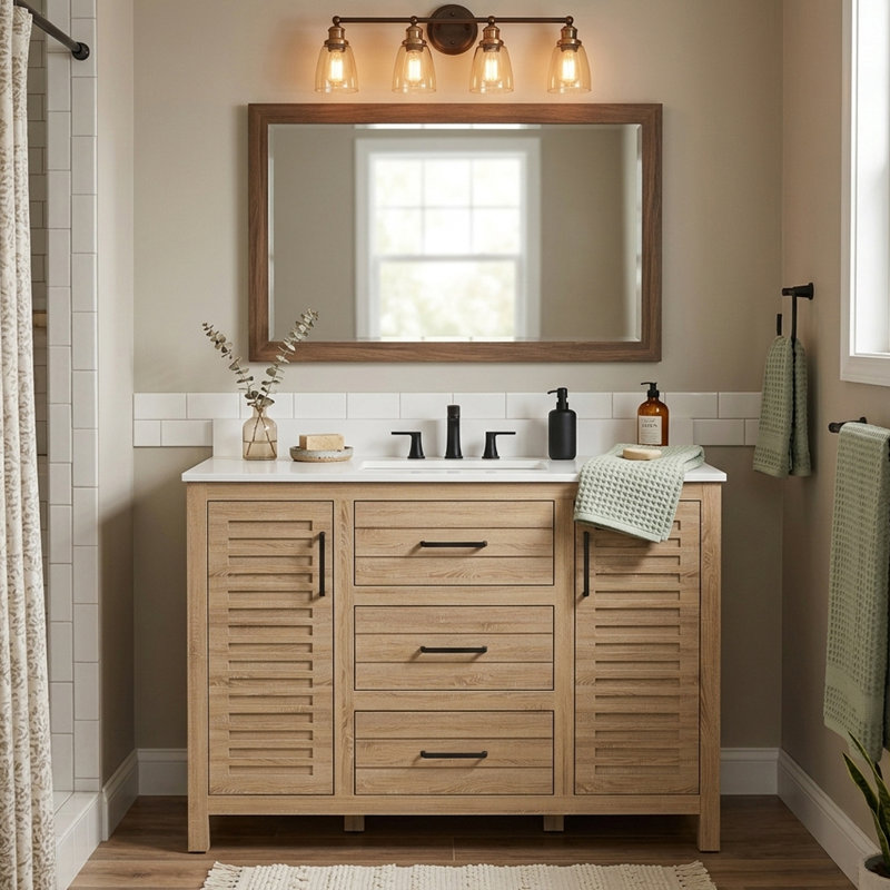 48"W Freestanding Brown Single Bathroom Vanity With Quartz Countertop And Louvered Doors, Pre-Assembled