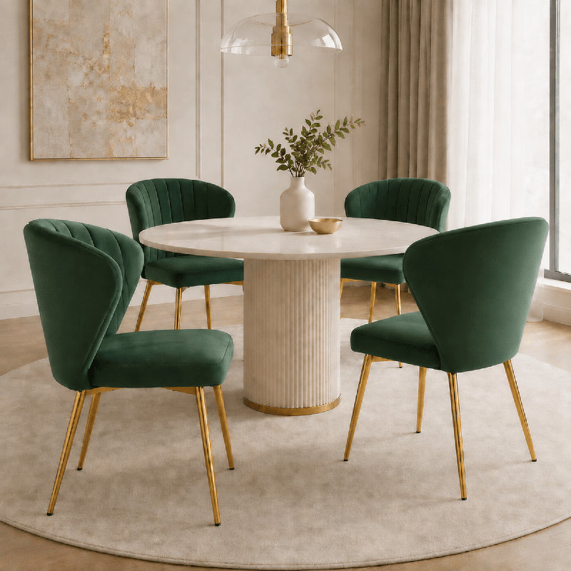 Chaise de salle à manger moderne 4 pièces en velours capitonné vert avec dossier à oreilles et pieds en métal, Vert