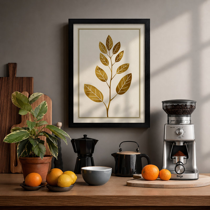 Golden Leaf Study Botanical - Framed Print, A2 - 59.4 x 42.0 cm, Black