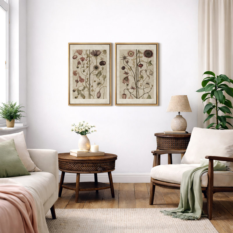 Abstract Botanical "Classic Floral Plant Artwork, Vintage Neutral Kitchen Wall Pictures, Framed Canvas Giclée Print 2 Pieces Wall Art"