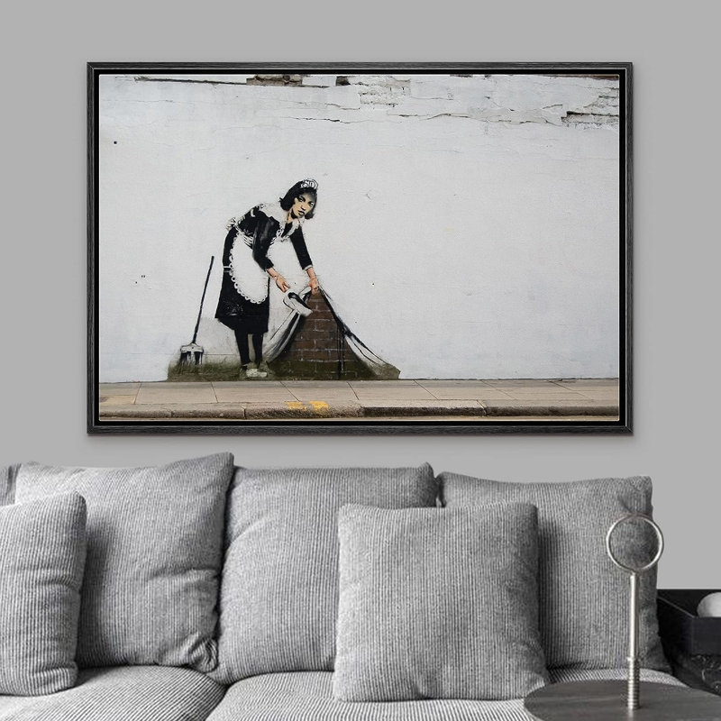IDEA4WALL Framed Canvas Print Wall Art Banksy Maid Sweeping Under Rug Graffiti & Street Art Pop Culture Illustrations Pop Art Bohemian Multicolor Dark For Living Room, Bedroom, Office - Print on Canvas