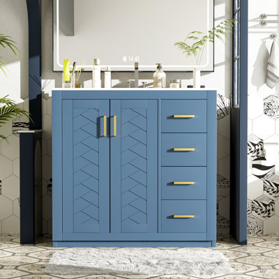 Ensemble de meuble-lavabo 36 po avec lavabo en céramique, armoire de rangement en bois massif, ensemble de meuble-lavabo autoportant avec 3 tiroirs et portes à fermeture douce
