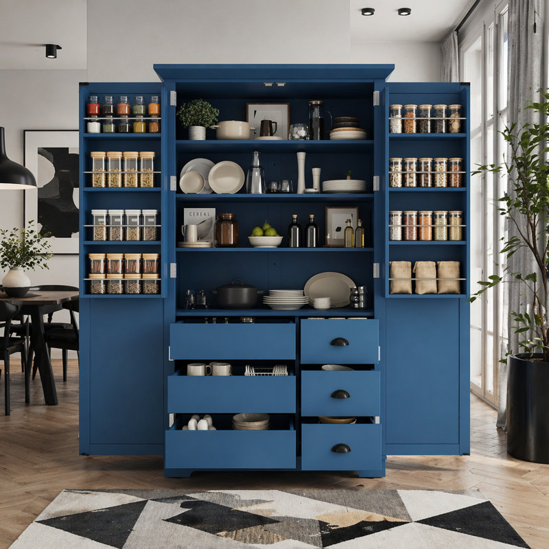 Armoire de cuisine de 42 po autoportante, rangement avec tiroirs, tablettes réglables, tablettes de porte et plateaux coulissants