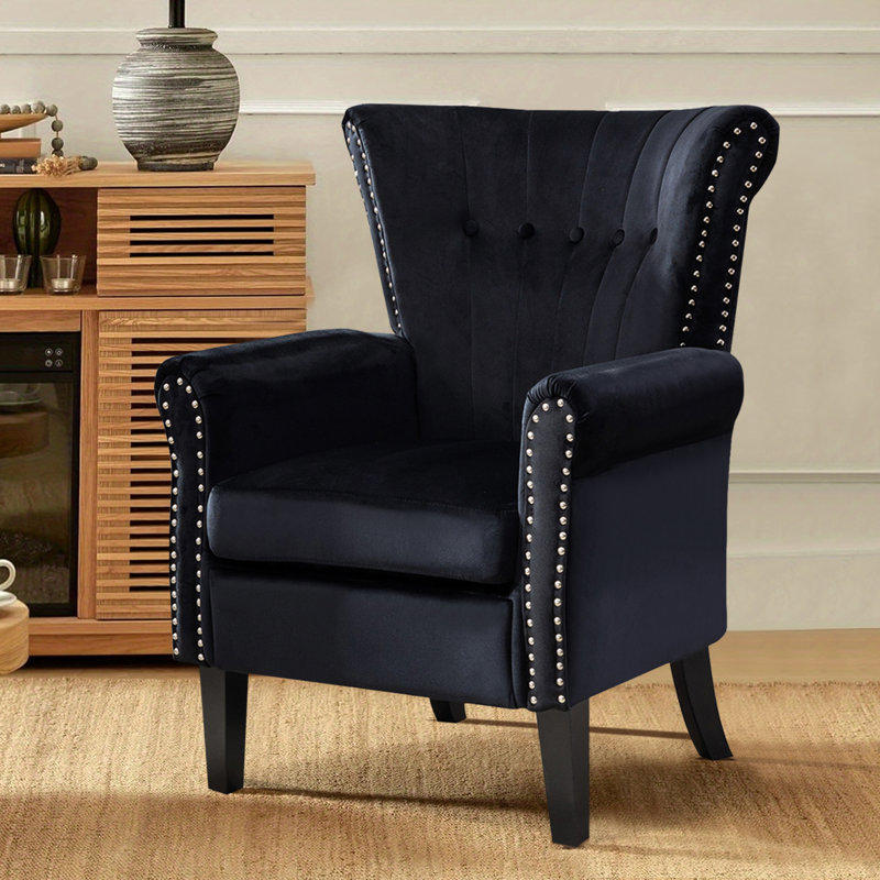 Accent Chair Upholstered Tufted Wingback With Nailhead Around For Room, Black Velvet