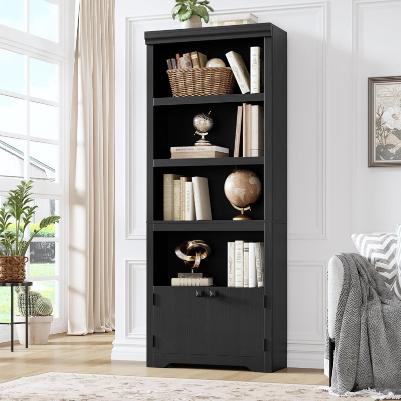 5 Tier Bookshelf with 2 Doors, 69"Tall Farmhouse Bookcase with Adjustable Shelves, 31.5''W Open Display Storage Rack for Home Office, Living Room, Library, Black W600
