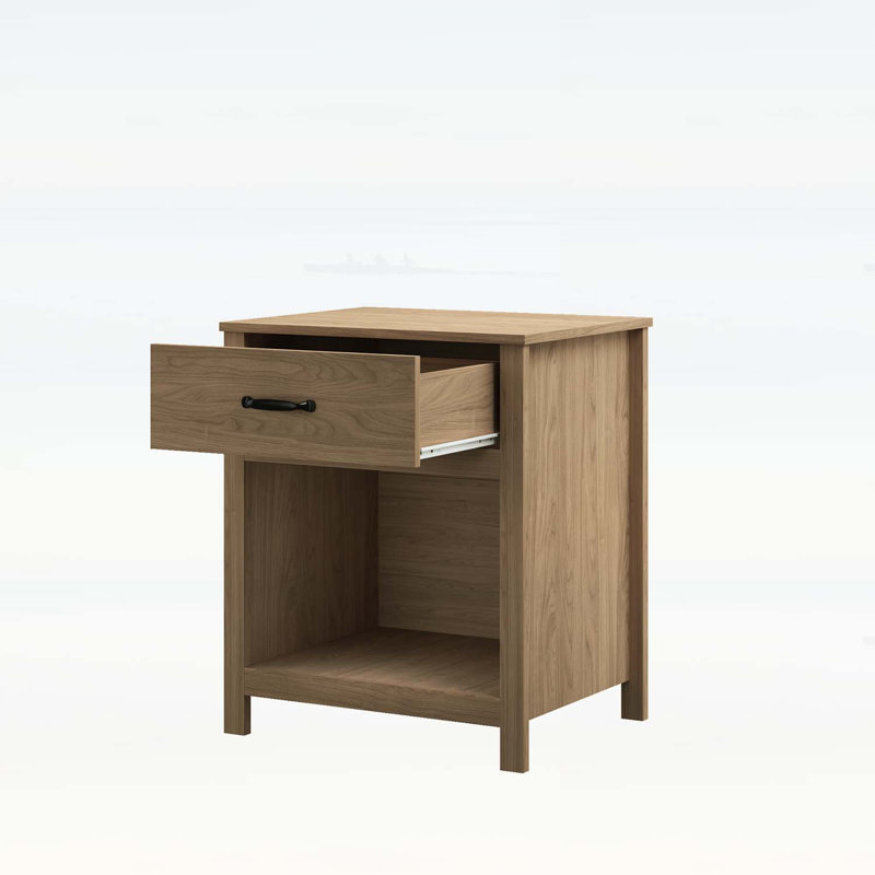 Table de bout en bois avec tiroir et tablette ouverte