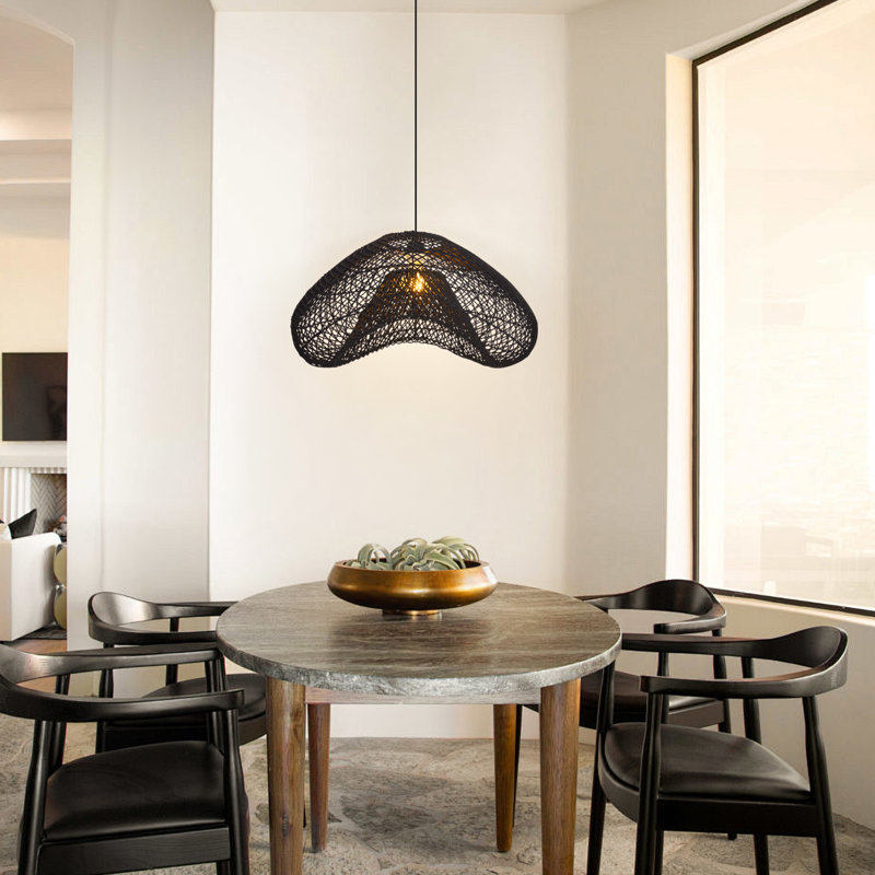 1-Light Pendant Lights Wicker Black, 10.24" H X 15.75" W X 15.75" D