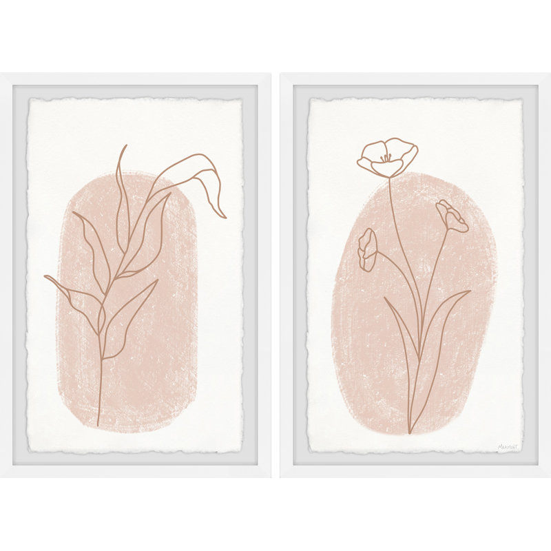 Santoyo Poppy Brown Lines by Marmont Hill - 2 Piece Single Picture Frame Painting, White/Beige/Brown, White Framed