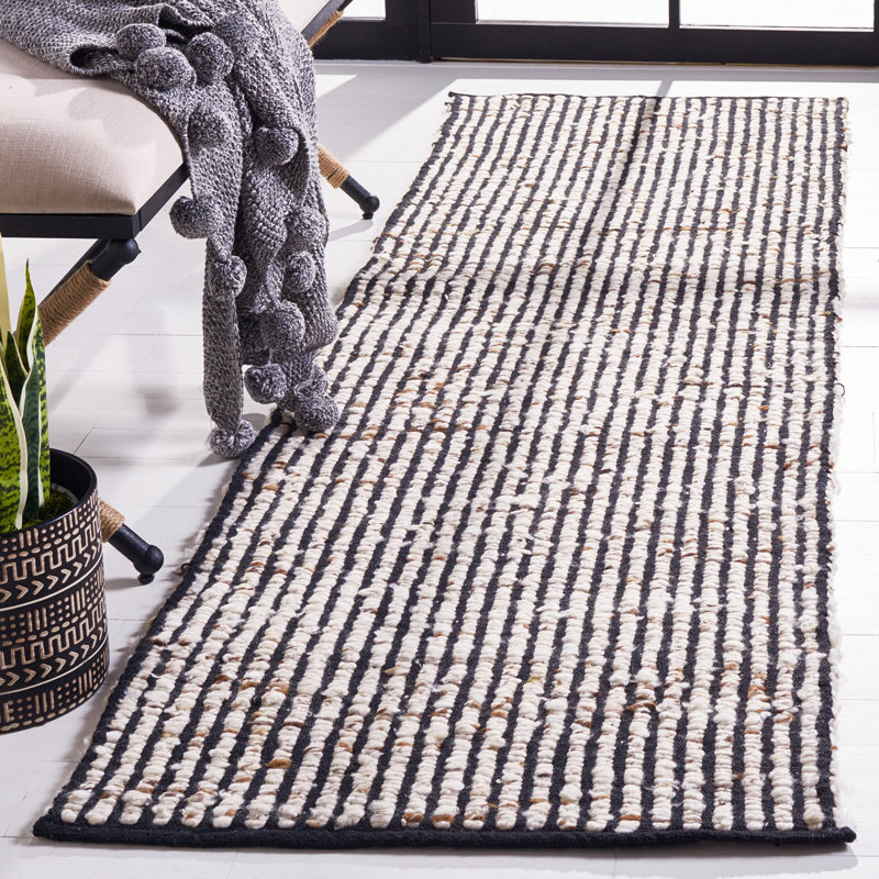 Rynesha Flat Weave Wool/Jute Striped Rug in Ivory/Black, Runner 2'3" x 11'