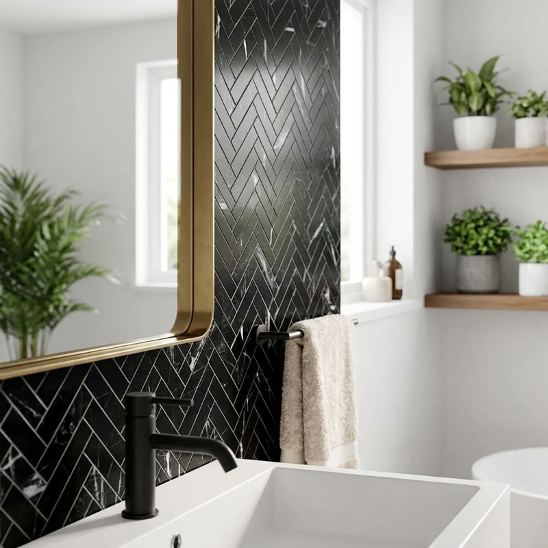 Nero Marquina Polished 1x4 Herringbone Marble Mosaic