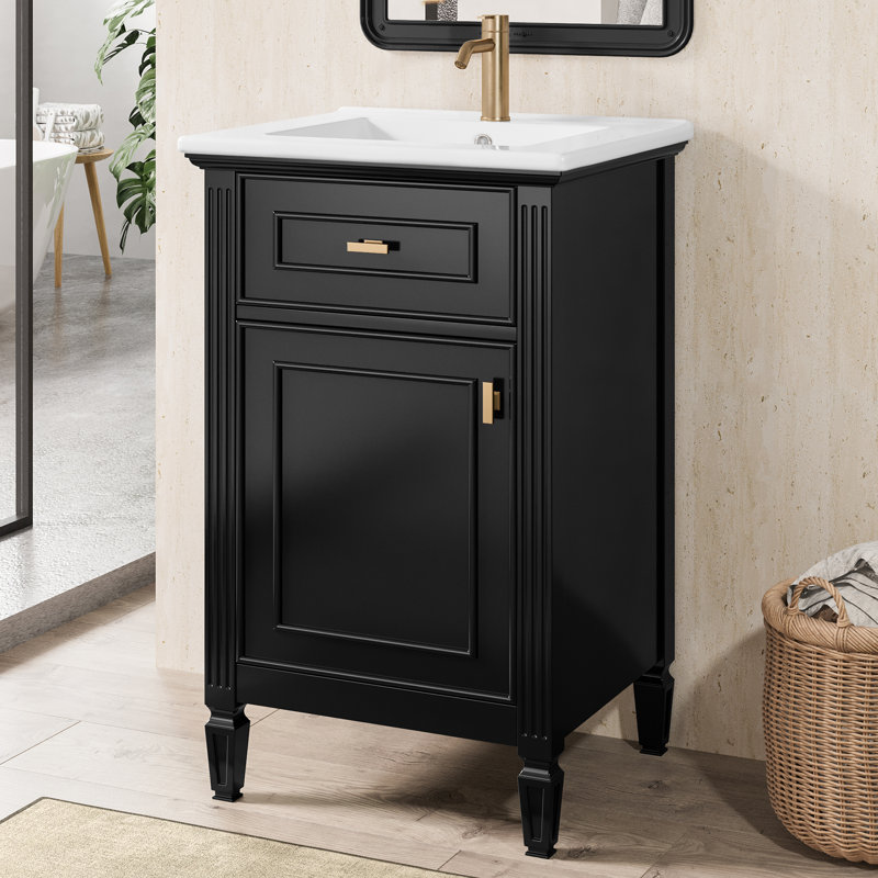 20-inch Bathroom Vanity With Sink, Solid Wood Legs, Adjustable Shelf, Tilt-out Drawer, Zinc Alloy Knobs, Black