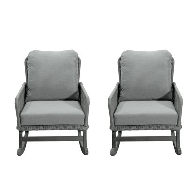 [Ensemble de 2] Chaise berçante minimaliste contemporaine en osier gris avec coussins en polyester doux et structure en bois durable, parfaite pour les espaces intérieurs et extérieurs comme le patio, le balcon ou le salon gris + rotin PE + fer + tissu imperméable, bois massif