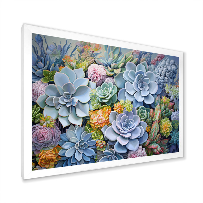 «Blue Succulent Dessert Charm» sur toile, H 30 po x l 40 po x P 1,5 po, Cadre simple blanc