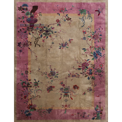 Antique Art Deco Room Size Wool Ivory, Pink Rug