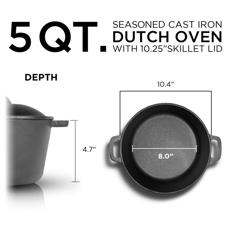 CHCI Series COMMERCIAL CHEF 5 Quart Cast Iron Dutch Oven with Dome Lid & Handles, Preseasoned