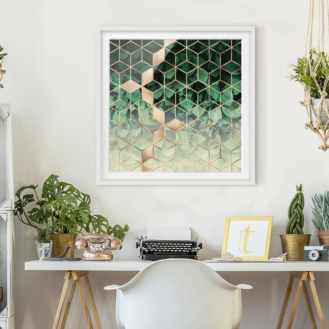 Gerahmtes Poster Green Leaves Golden Geometry