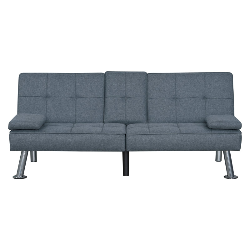 SoftHaus 65" Modern Gray Convertible Futon Sofa Bed with Fold-Down Console, USB Charging Ports and Cupholders