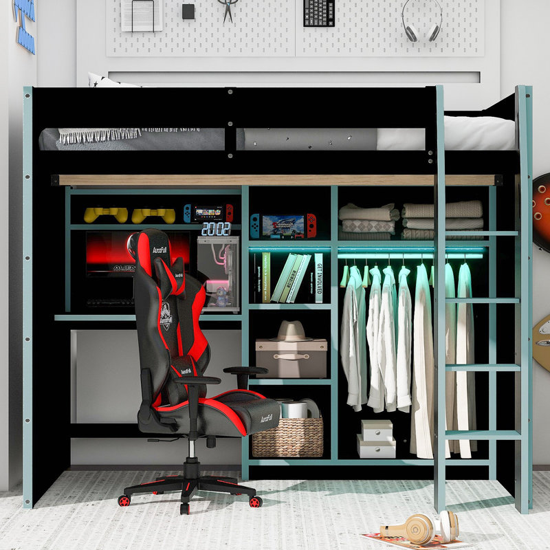Lit mezzanine en bois avec bureau, garde-robe ouverte, compartiments de rangement et lumières RVB, Blue