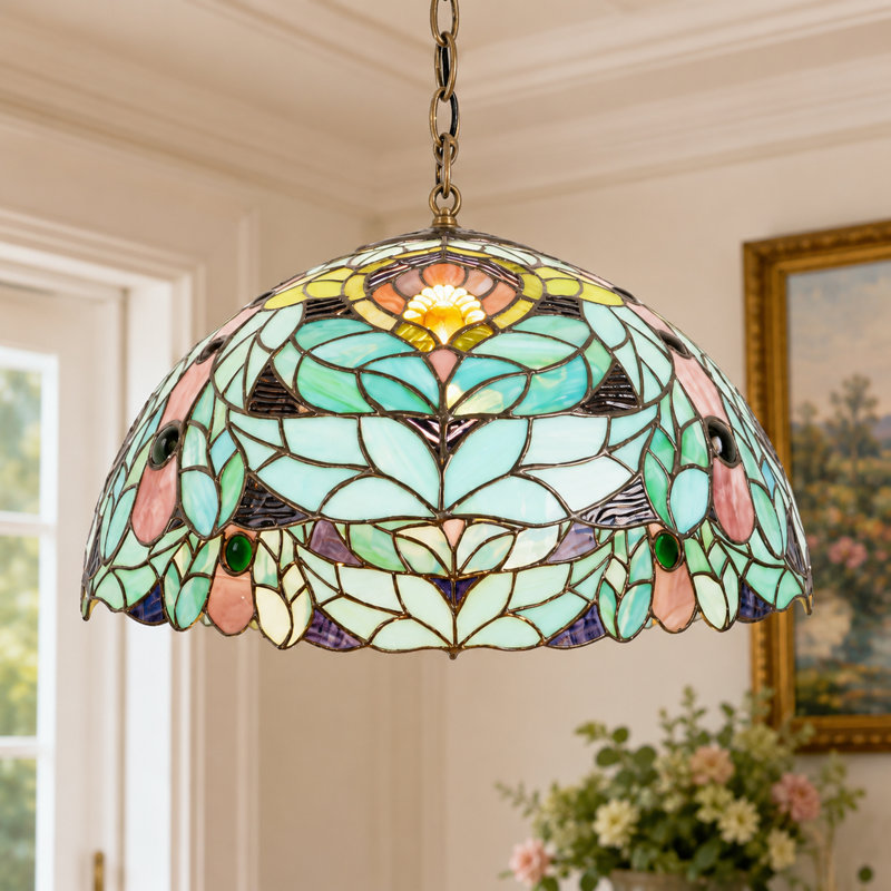 Luminaire suspendu de style Tiffany en bronze antique, abat-jour en verre floral vert de 15,7 po
