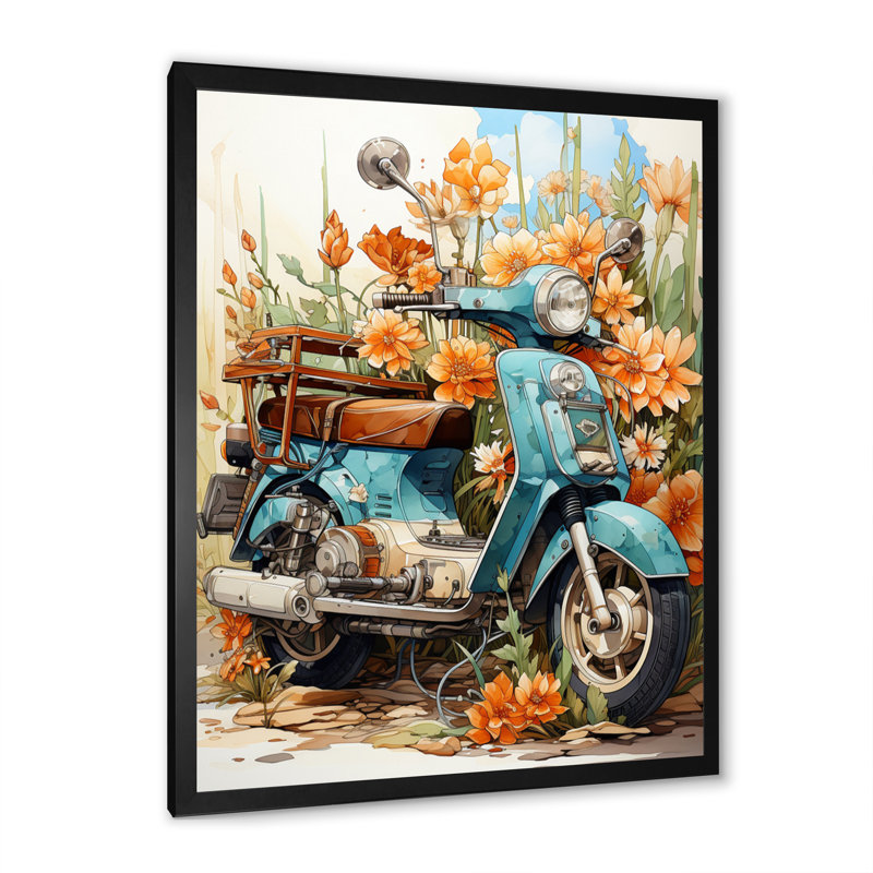 Turquoise Scooter Coastal Flowers - Scooter Canvas Art Print, Cadre photo noir, H 44 po x l 34 po x P 1,5 po