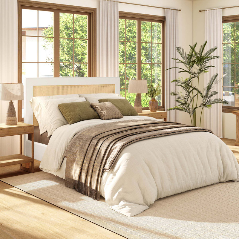 Haley Upholstered Cane-Back Platform Bed, Queen