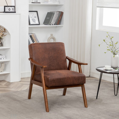 Chaise d'appoint avec revêtement en microfibre et structure en bois massif, mobilier de salon Mid-Century moderne classique pour sièges supplémentaires, brun clair