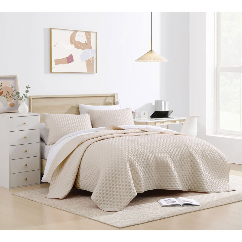 Beige Full Microfiber Bubble Quilt Set with Shams