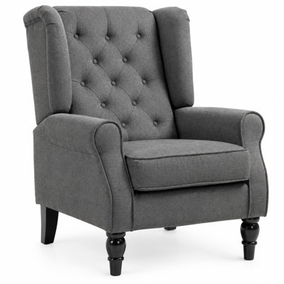 Modern Dark Gray Button-Tufted Fabric Accent Armchair with Padded Seat, Wide Backrest, Round Arms, Solid Wood Frame and Eucalyptus Wood Legs
