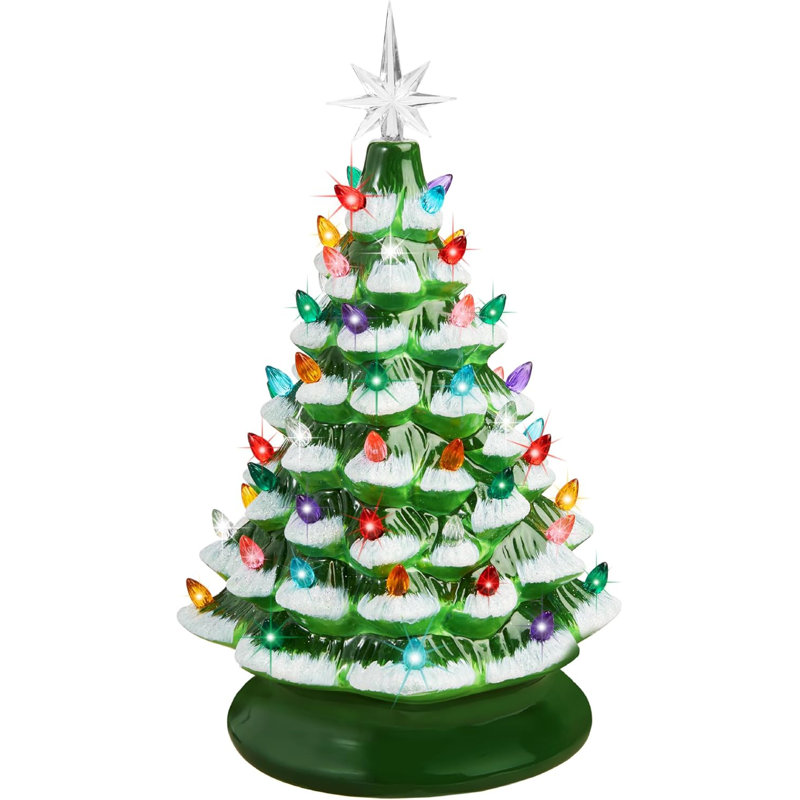 Arbre de Noël 15 po en céramique, arbre de Noël de table pré-éclairé peint à la main, 2 étoiles, 64 lumières - floqué avec ampoules multicolores