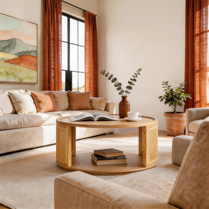 31.5'' Vintage Rattan Woden 2-tier Solid Natural Wood Round Coffee Table For Living Room&bedroom, Natural Wood