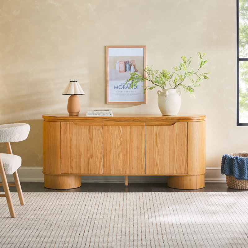Aaric 70" Modern Large Curved Wood Sideboard TV Stand with Cabinet Storage, White Oak