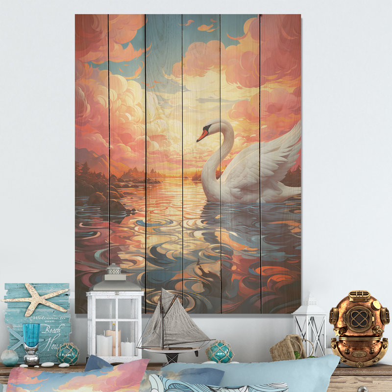 Graceful Mirage Swans I - cygnes, art sur bois de pin naturel, H 32 po x l 24 po