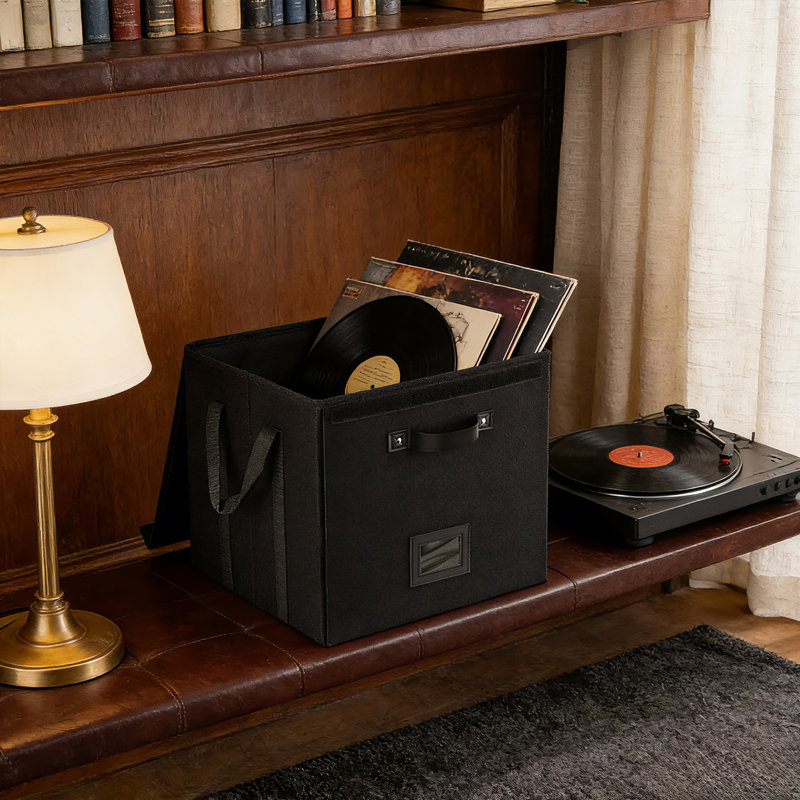 Vinyl Record Storage Boxes 3-Pack, Stackable LP Organizer with Lid and Handles, Black