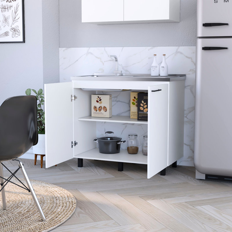 Évier de cuisine blanc 2 avec armoire et matériaux de construction à la mode, Argent argent