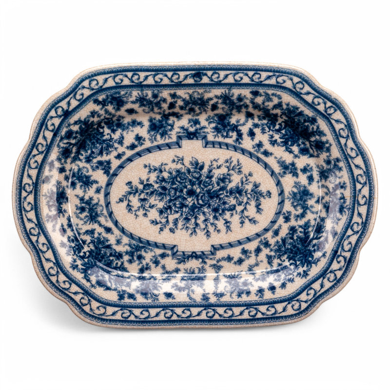 Plateau en porcelaine bleu et blanc 16,5 po, H 1,5 po x l 15 po x P 11 po