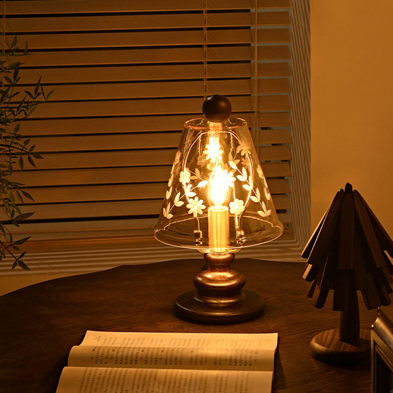 Petite lampe de table moderne en bois massif brun avec abat-jour en verre pour le salon de la chambre à coucher, ampoule incluse