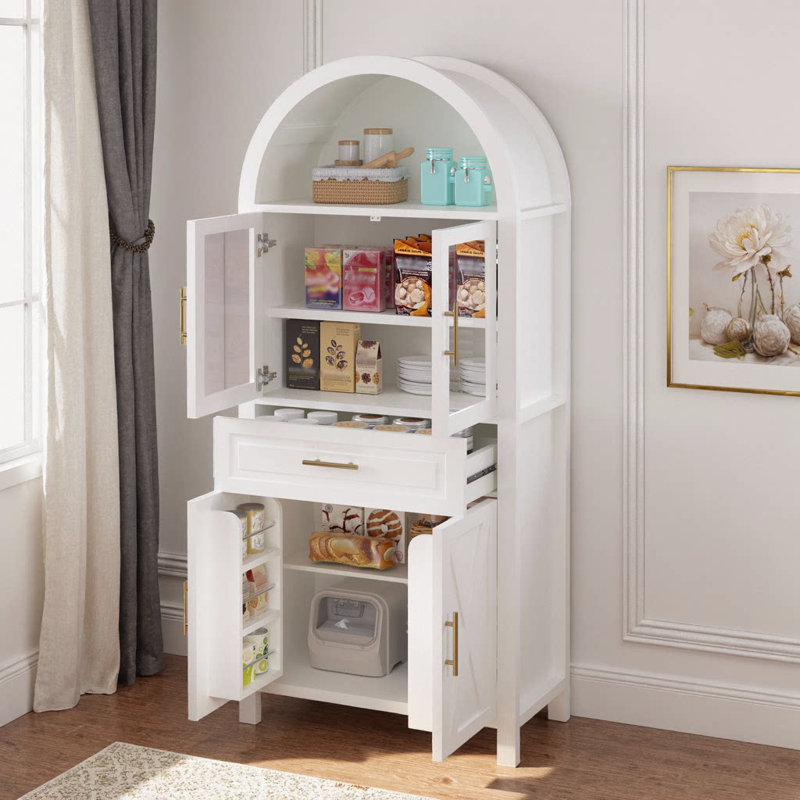 71" Tall Arched Kitchen Pantry Cabinet With Glass Door, Farmhouse Storage Pantry Cabinet With Adjustable Shelves & Barn Door Design For Kitchen, Living & Dining Room, White