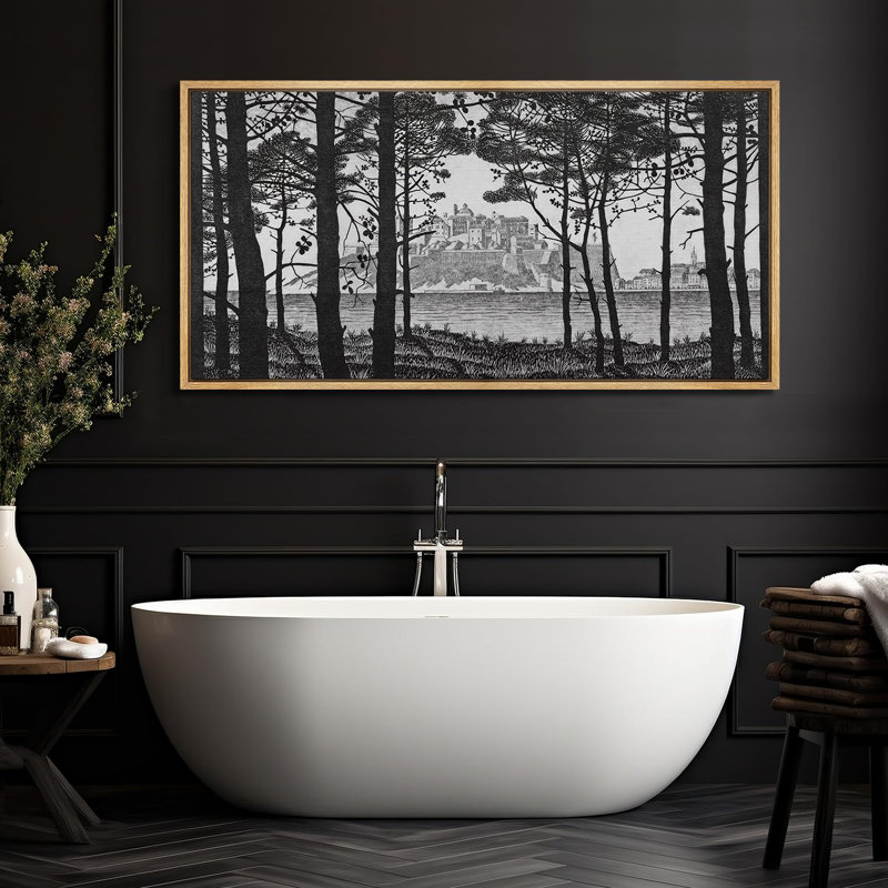 Campagne rustique classique en noir et blanc à travers les arbres, H 30 po x l 60 po, Naturel