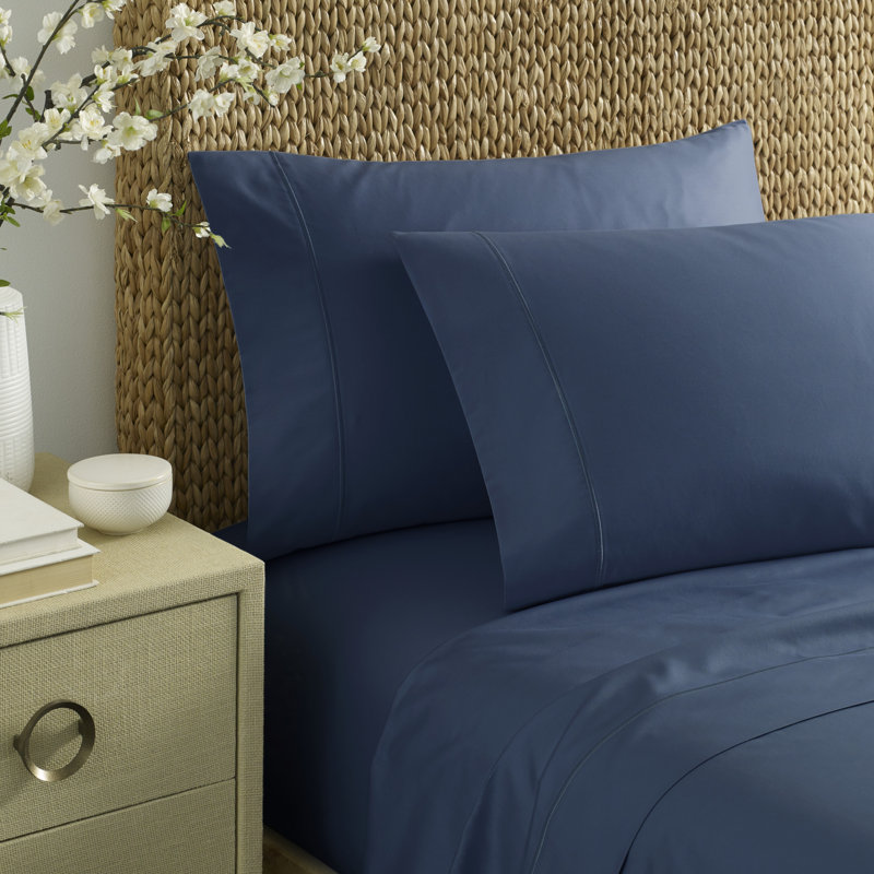 Nautica Regatta Sateen Cotton Luxury Sheet Set, Navy Blue, Queen