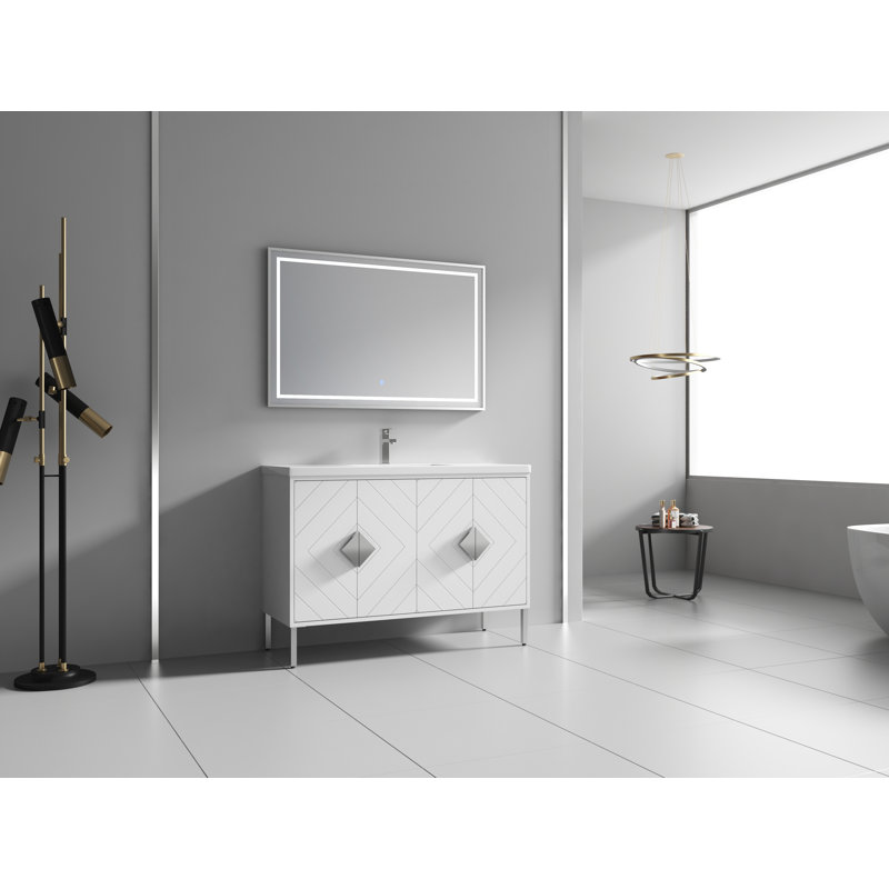 Tennant Brand 48 Inch Modern Freestanding White Eileen Bathroom Vanity, Single Sink, Acrylic Composite Top, Fully Assembled