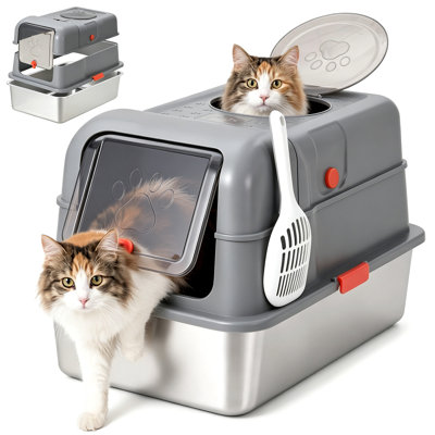 Bac à litière extra large en acier inoxydable avec couvercle, revêtement antiadhésif, bac à litière métallique gris à double entrée, résistant aux odeurs, idéal pour les chats d'intérieur, les chatons et les foyers avec plusieurs chats.