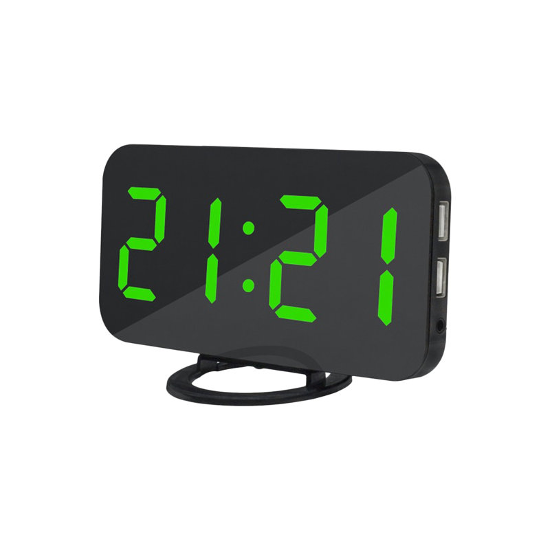 Réveil numérique à affichage DEL avec deux ports de chargement USB, mode de variation automatique de la luminosité, fonction snooze facile, miroir moderne, veilleuse à piles pour chambre, bureau ou maison.