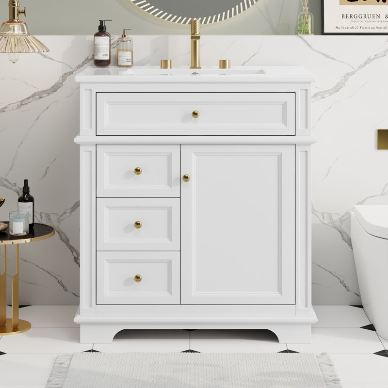 Meuble-lavabo de 30 po avec lavabo, un tiroir basculant, trois tiroirs, tablette de porte, porte à fermeture douce, Blanc