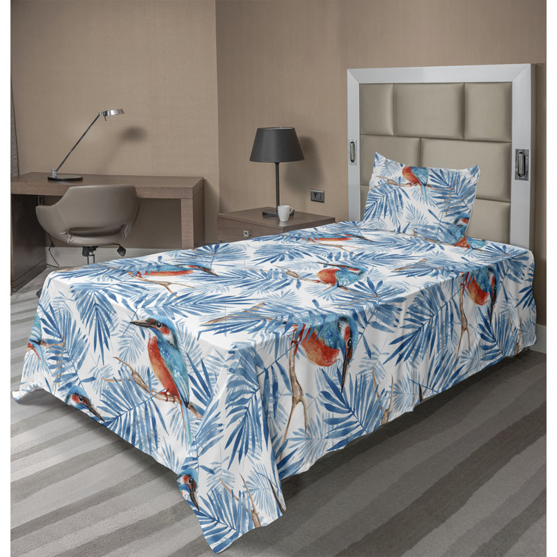 Ambesonne Watercolor Botany Sheet Set 4 Pcs Retro Boho Bloom, Sea Blue Vermilion White Floral