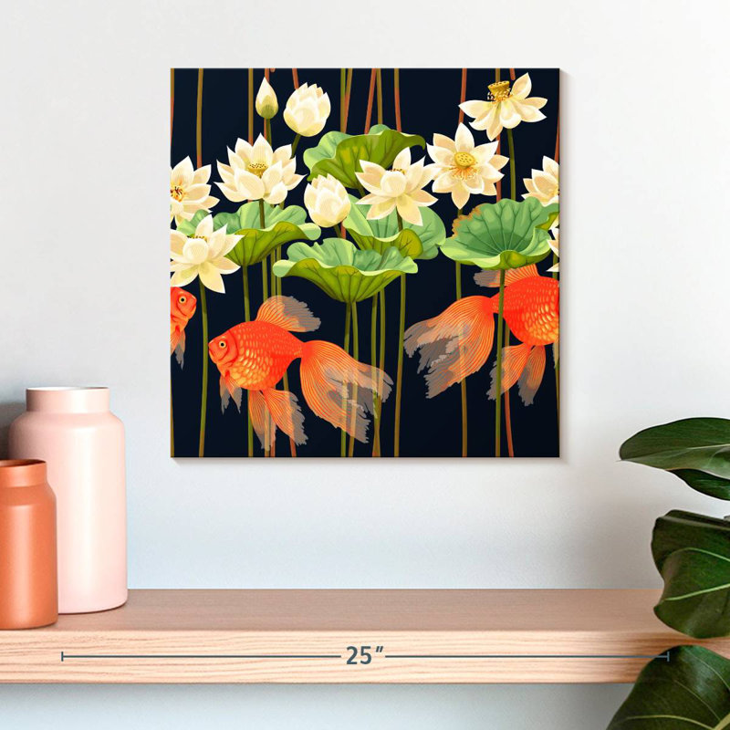 Poisson rouge Brampt et fleurs de lotus, H 16 po x l 16 po